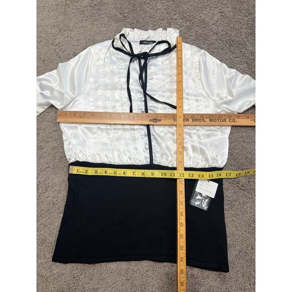 Romantic White Satiny Black Trim Bow Ties Medium Dolce Cabo Blouse NWT - Picture 2 of 8